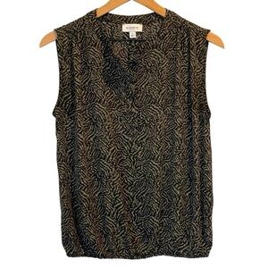 Evereve Black and Tan Sleeveless Blouse,Elastic Hem,Buttons 1/4 Down In Front, S